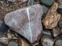 Anthrazitfarbener Stein mit weißer Maserung und wulstiger weißgelber Stein